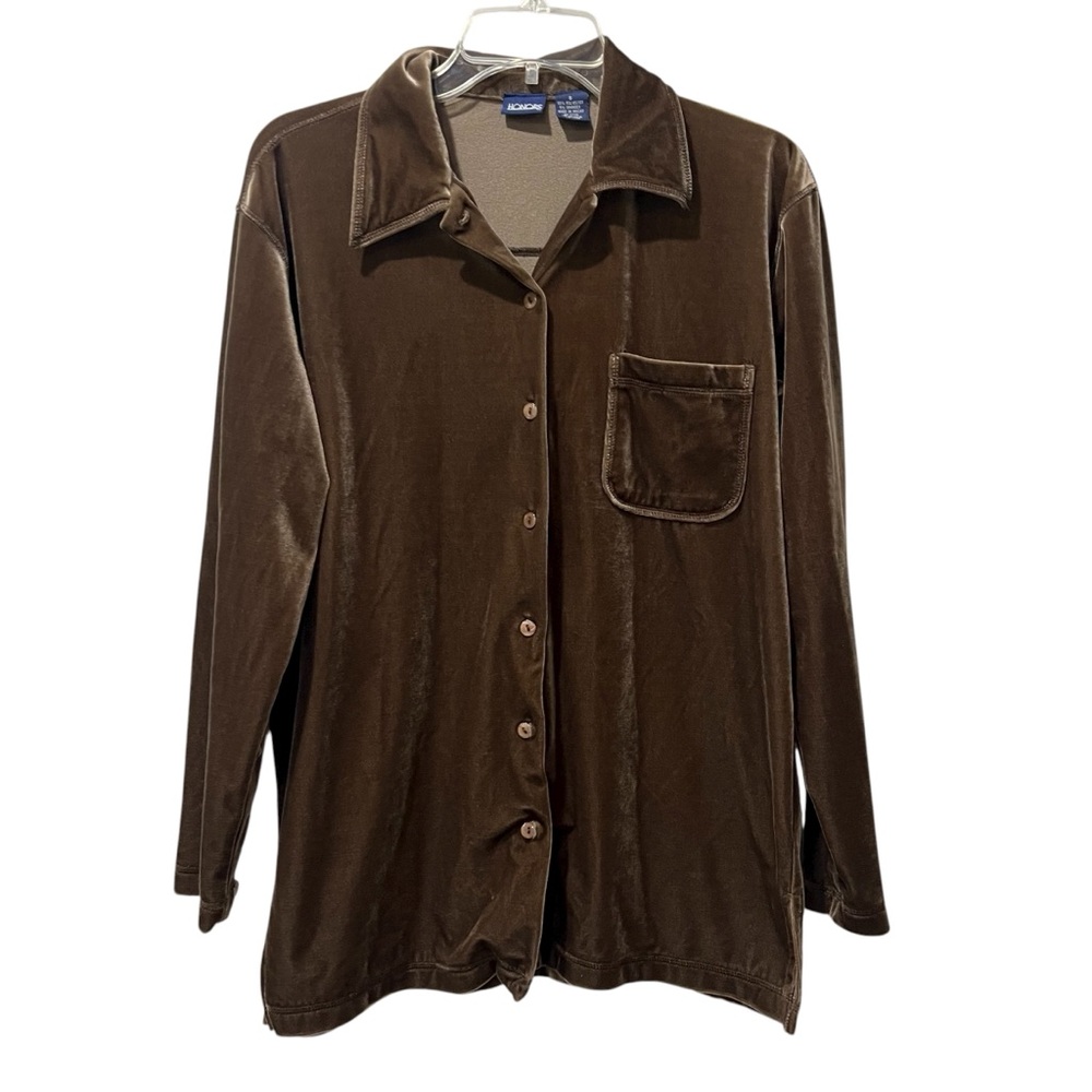 Vintage Honors Small Brown Velvet Button Down Shirt Y2K Soft Vamp Retro Lounge